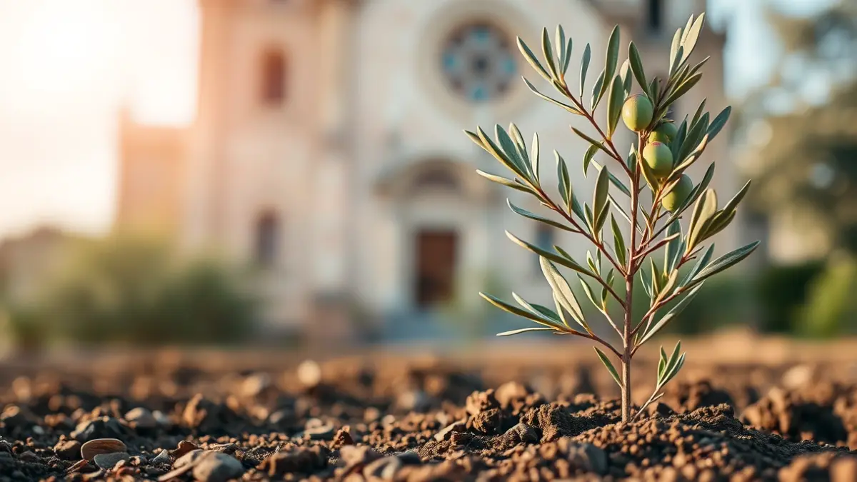 Imaxe dunha oliveira nova plantada preto dunha igrexa.