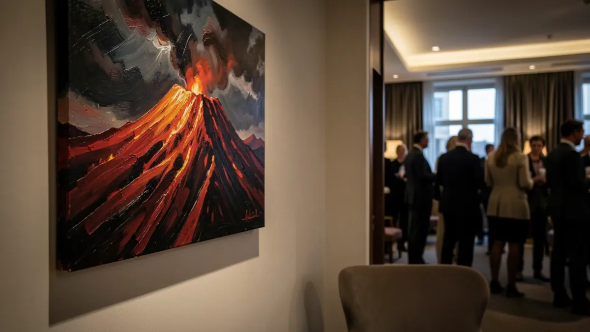 Imaxe dun cadro dun volcán nunha sala de hotel.
