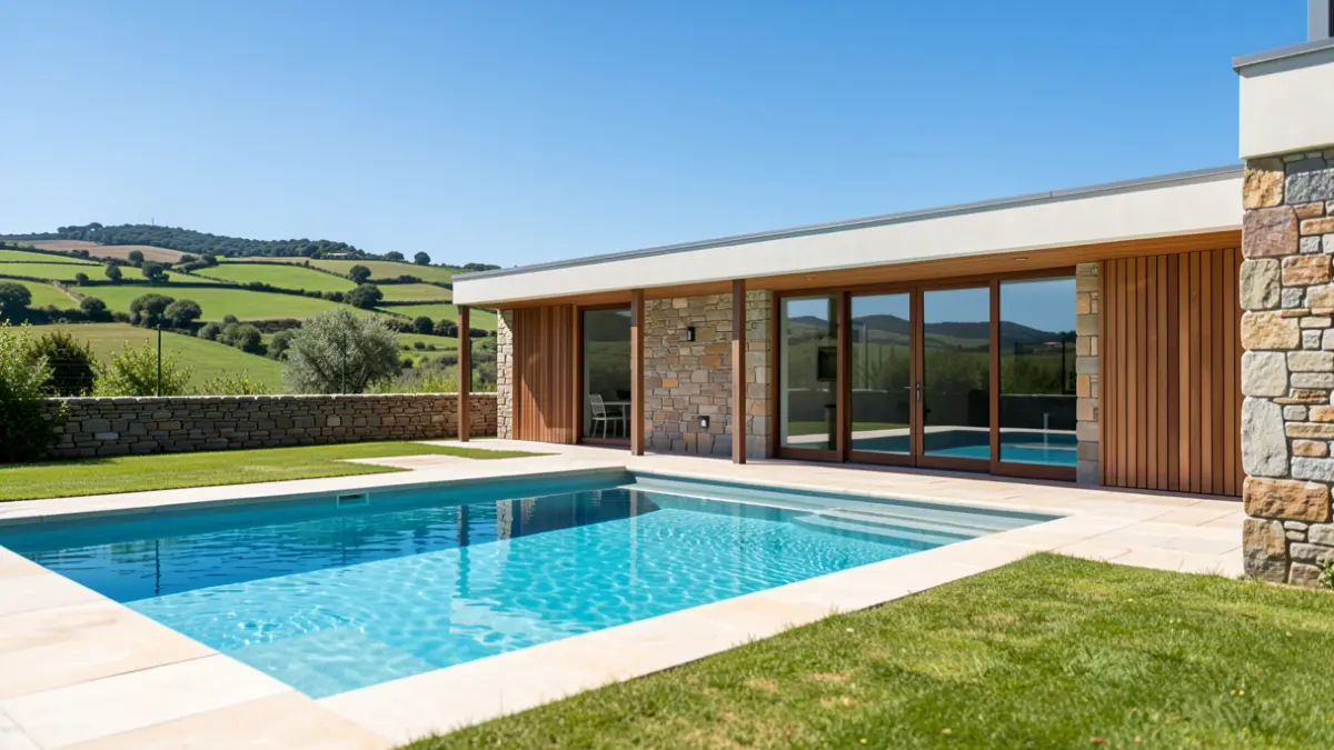 Imaxe xenérica dun complexo de piscina moderna rodeado de paisaxe galega.