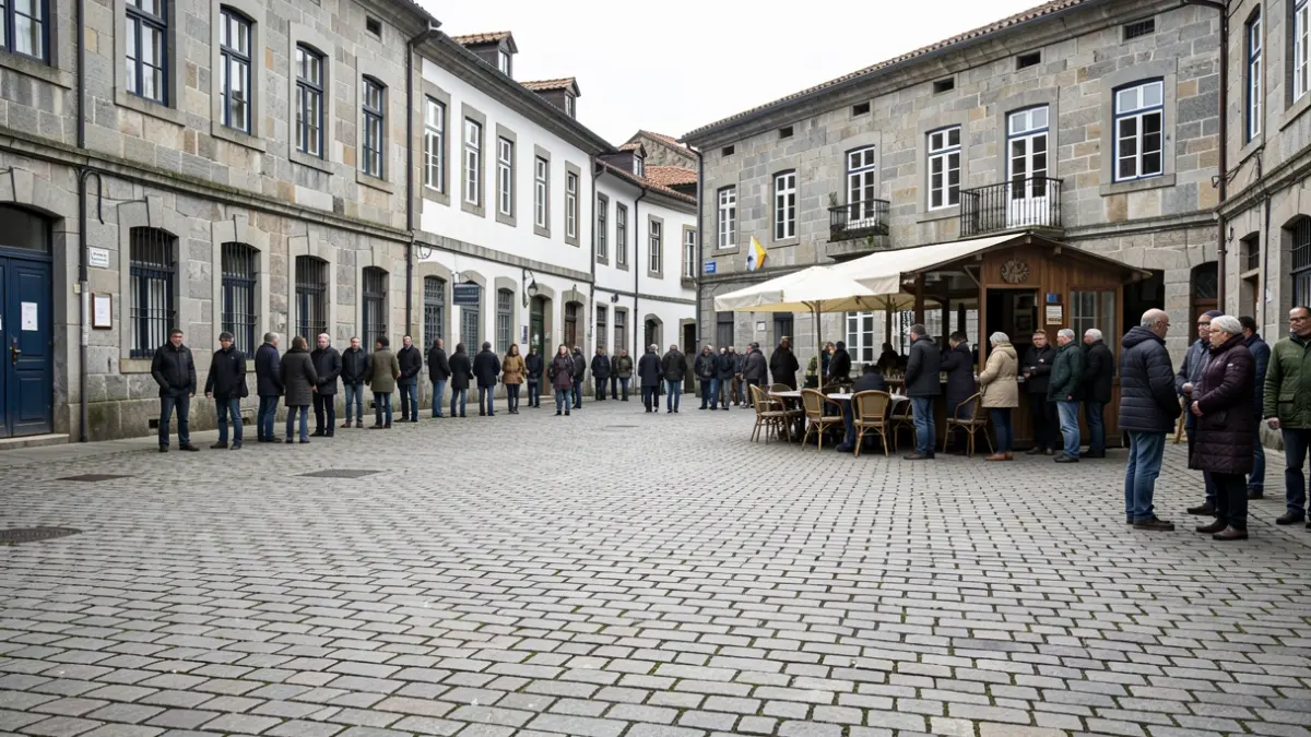 Imagen genérica de una plaza de piedra en Galicia con edificios de granito y mobiliario urbano.