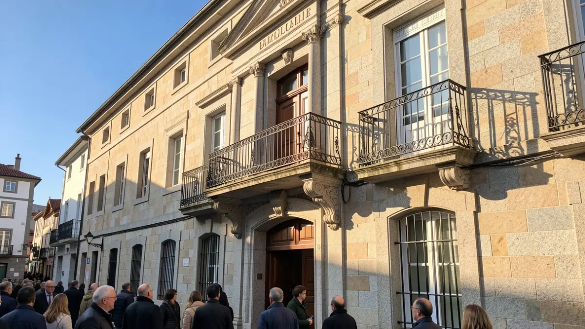 Imagen genérica de un ayuntamiento gallego de granito con balcón ornamentado.