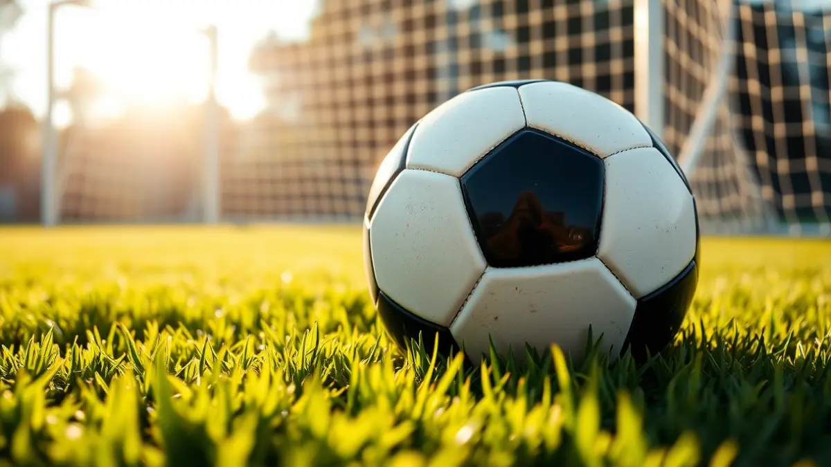 Imaxe xenérica dun balón de fútbol sobre o céspede dun campo, coa portería ao fondo.