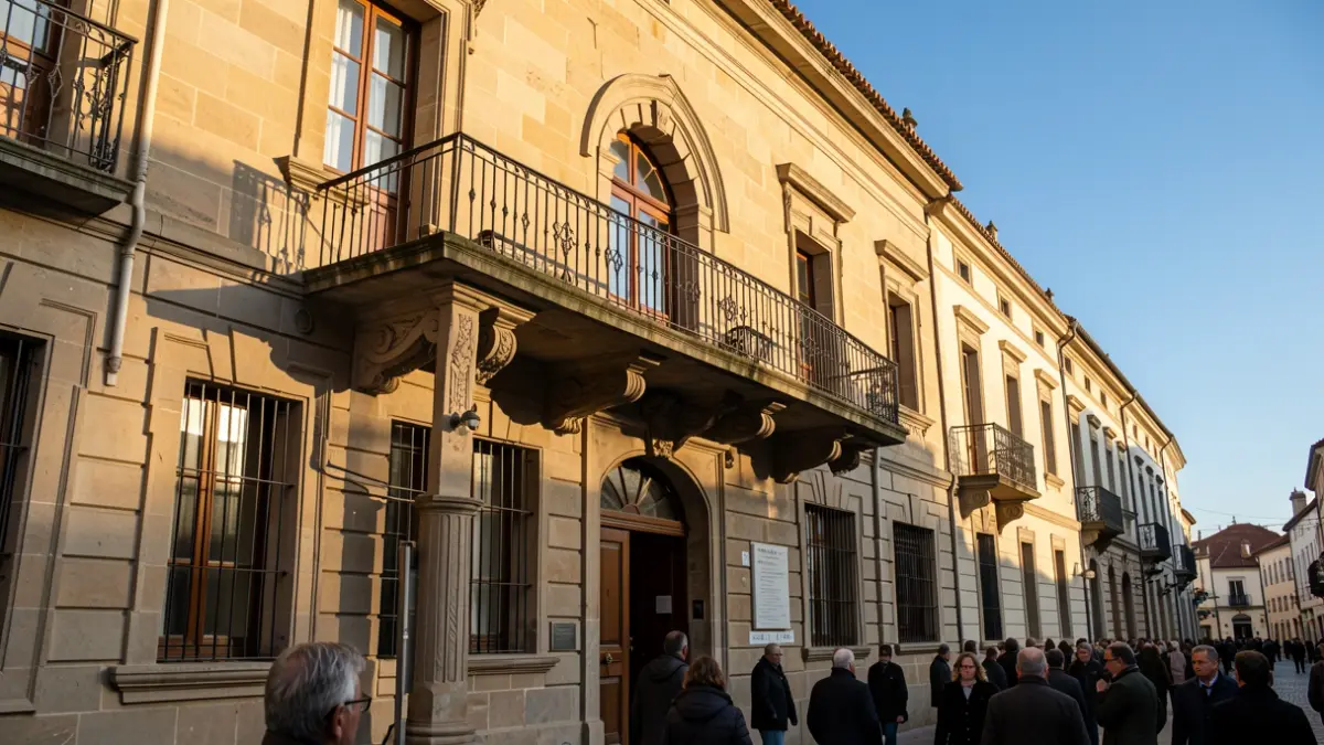 Imaxe xenérica dunha fachada de concello galego de pedra con balcón e raís ornamentadas, luz solar de tarde.