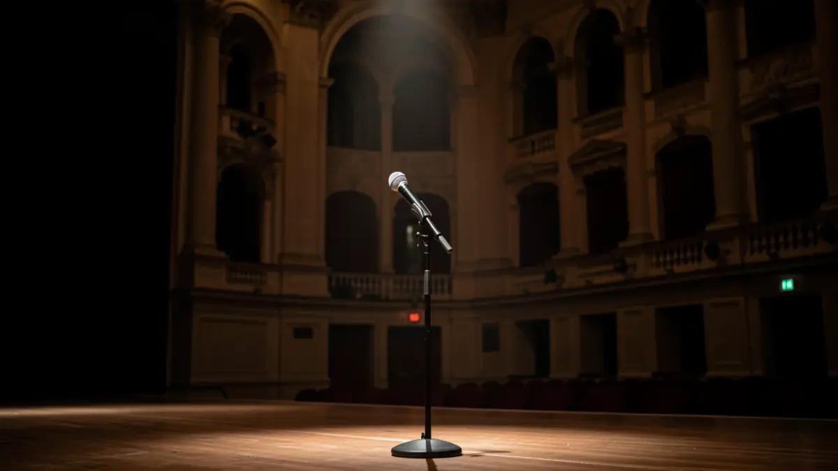 Imaxe xenérica dun escenario de teatro con un micrófono.