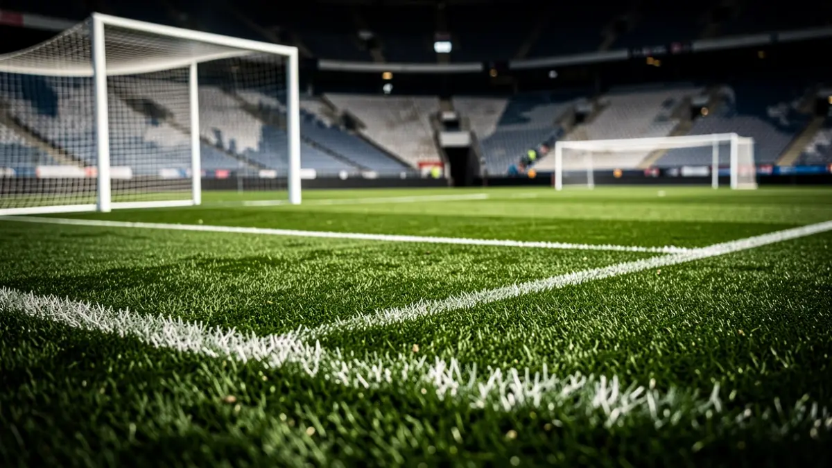 Imagen genérica de un campo de fútbol vacío con iluminación dramática.