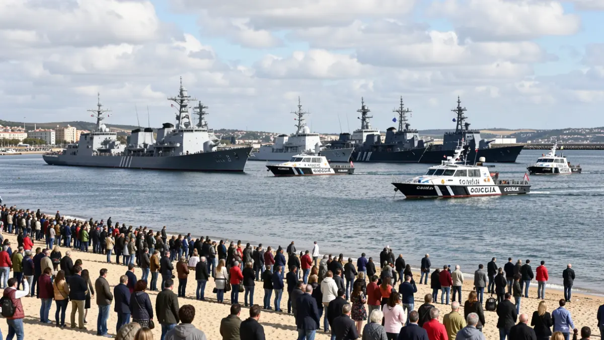 Imaxe xenérica dunha parada naval na Ría de Vigo con buques e patrulleiras.