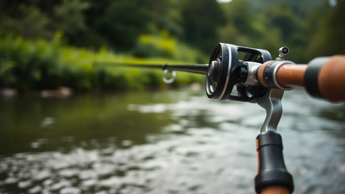 Imaxe xenérica dun carrete de pesca nun río galego.