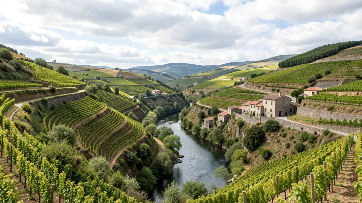 Imaxe panorámica da paisaxe da Ribeira Sacra con viñedos e arquitectura tradicional.