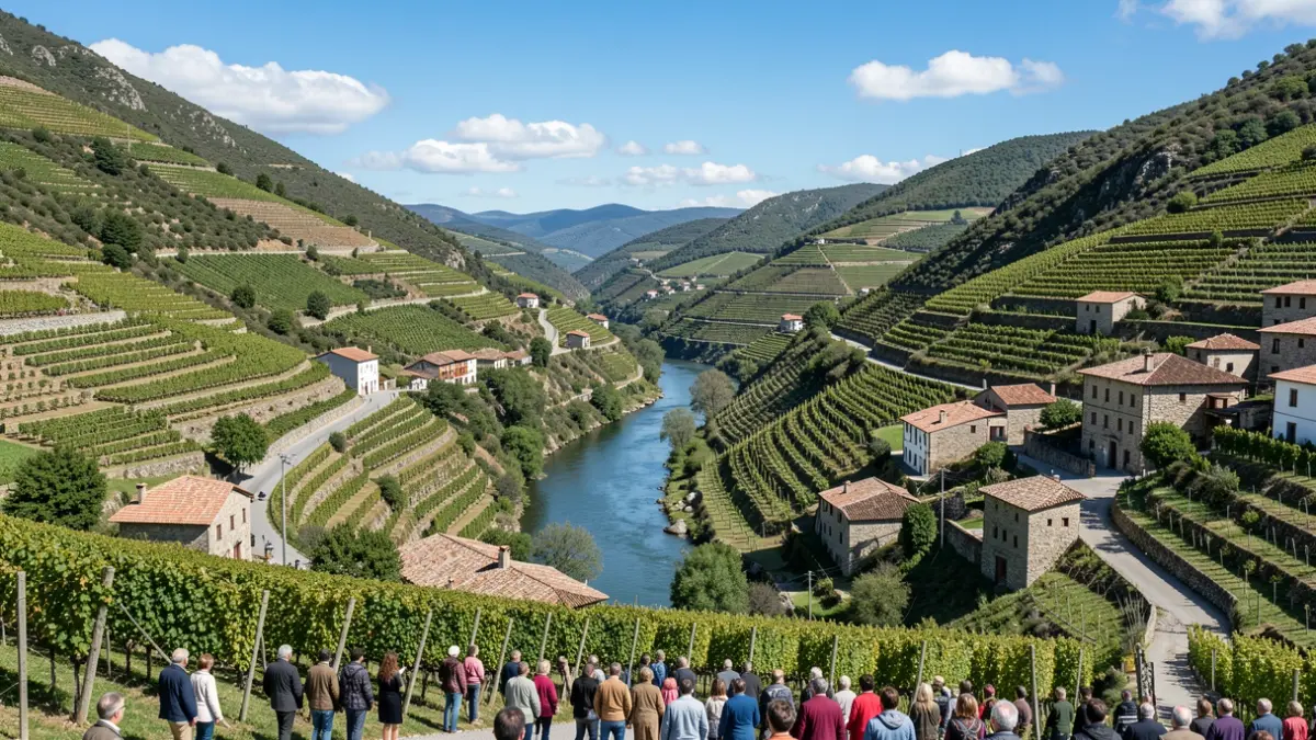 Imagen panorámica de la Ribeira Sacra con viñedos y valles.