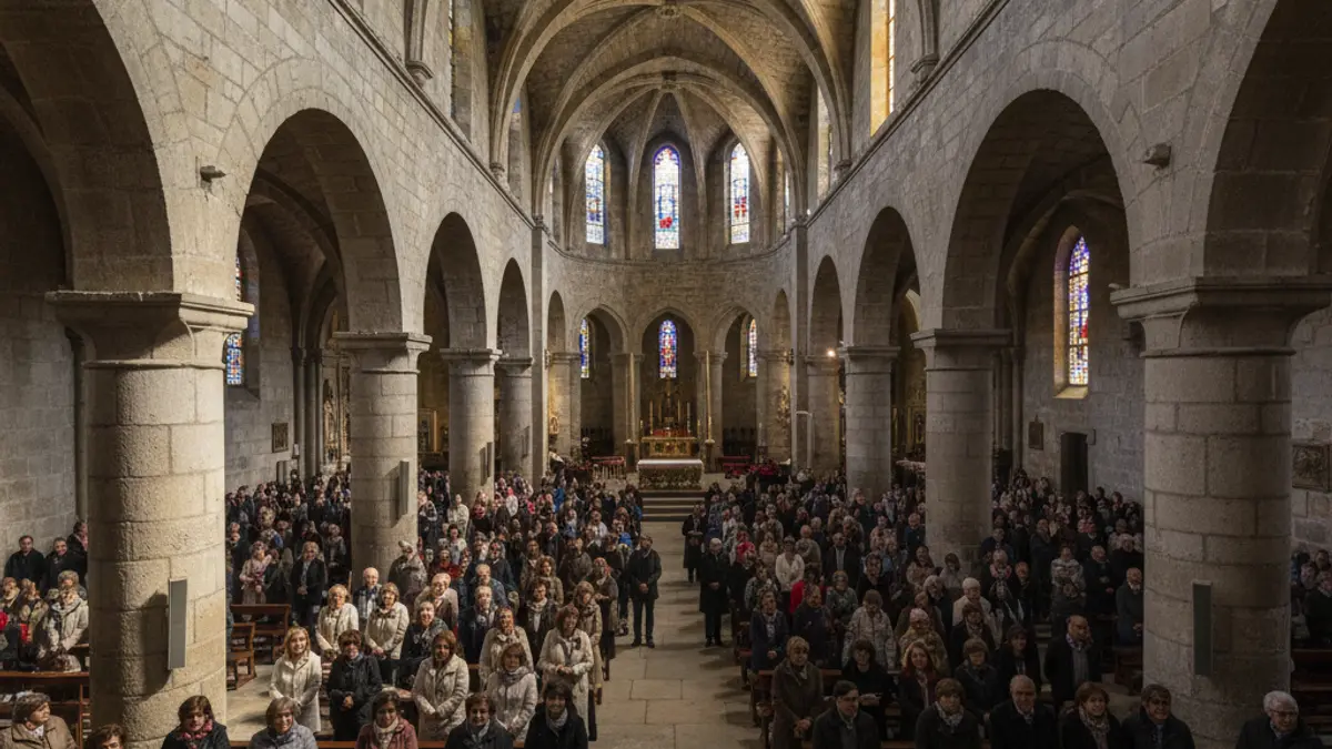 Imaxe do interior dunha basílica galega durante unha celebración relixiosa.