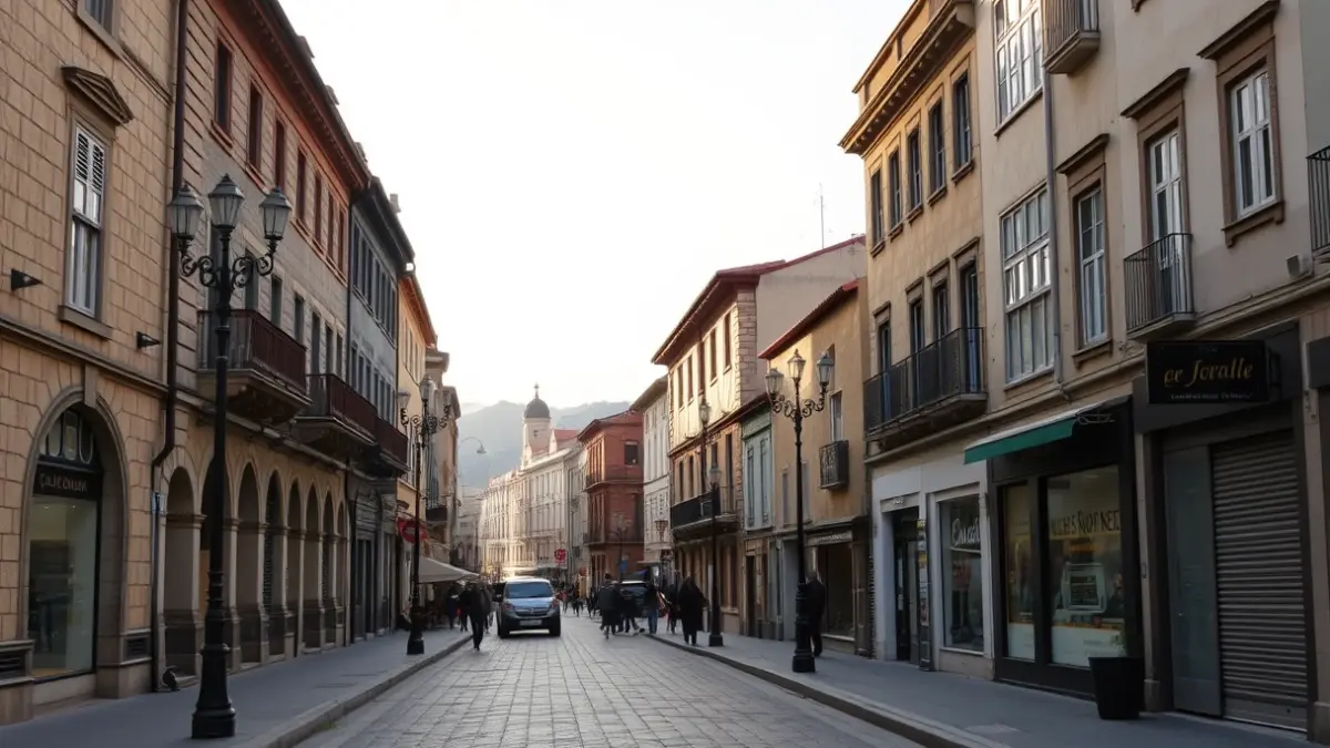 Imagen de la calle Galiano en Ferrol, mostrando su arquitectura y la mezcla de locales abiertos y vacíos.