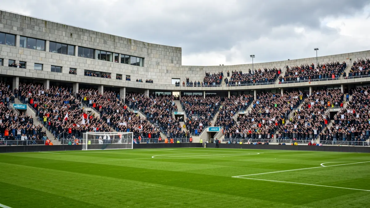 Imagen genérica de un estadio de fútbol gallego con aficionados celebrando.