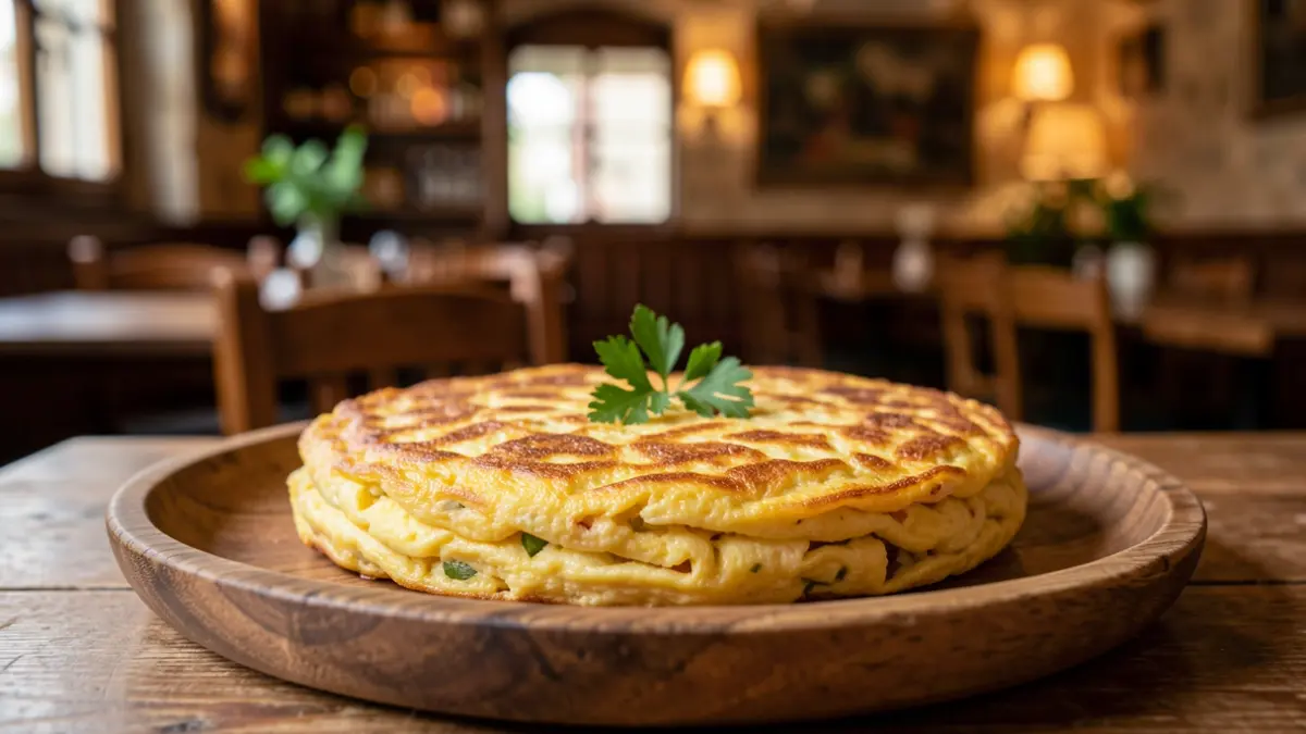 Primer plano de una tortilla española dorada y apetitosa en un plato de madera rústico.