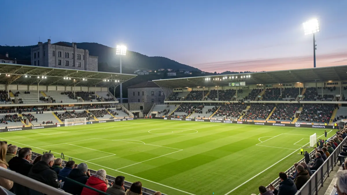 Imagen genérica de un estadio de fútbol en Galicia por la noche.