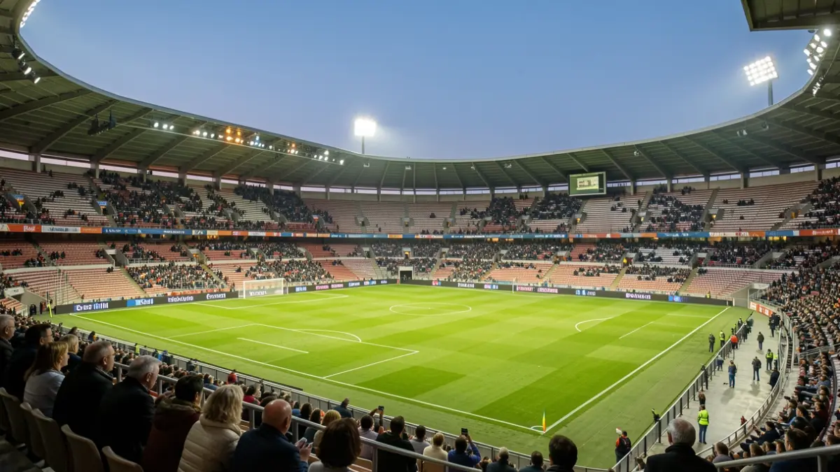 Imagen genérica de un estadio de fútbol vacío al anochecer.
