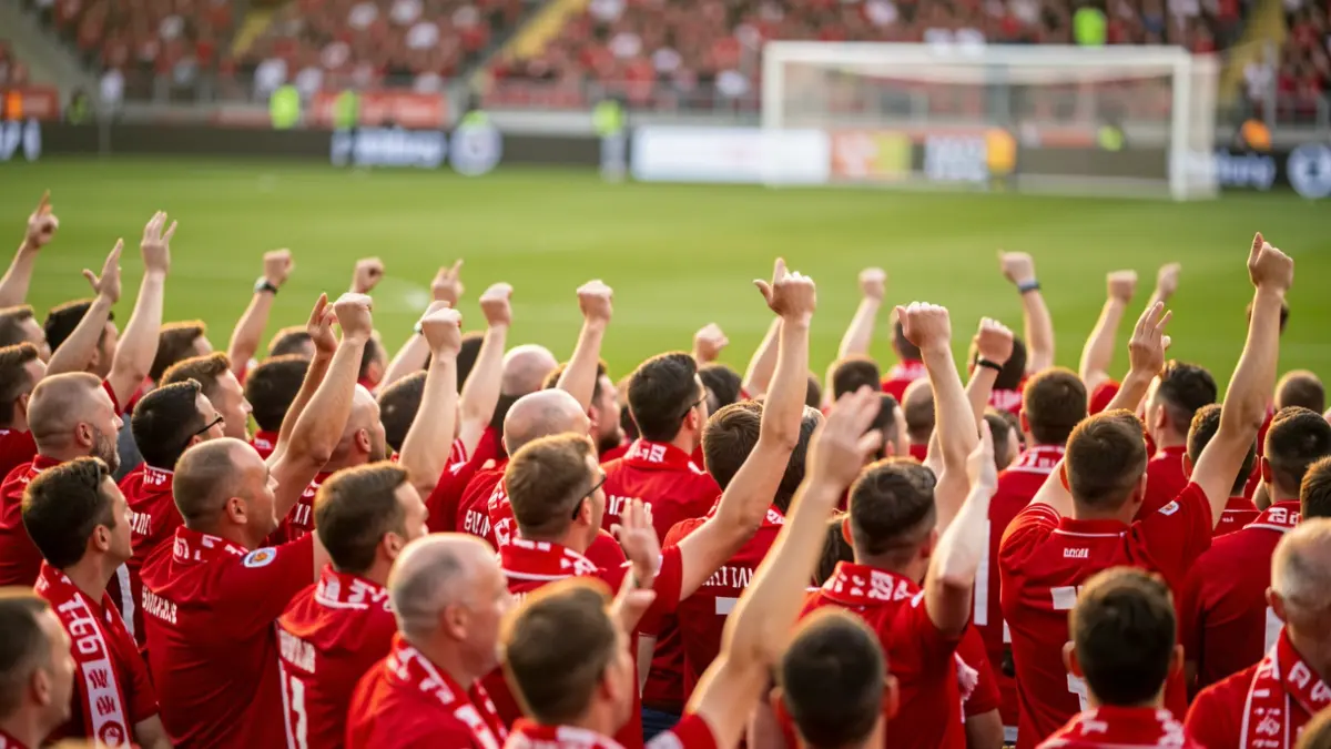 Imagen genérica de aficionados de fútbol con camisetas rojas animando en un estadio.
