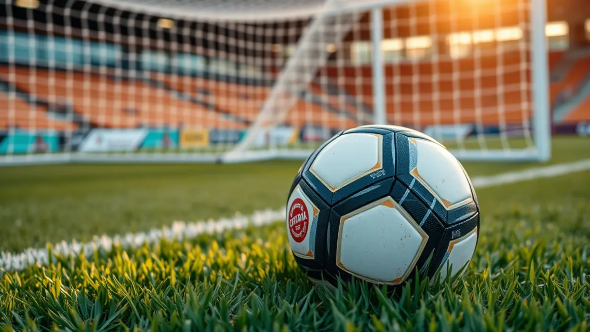 Imaxe xenérica dun balón de fútbol sobre o céspede dun campo.