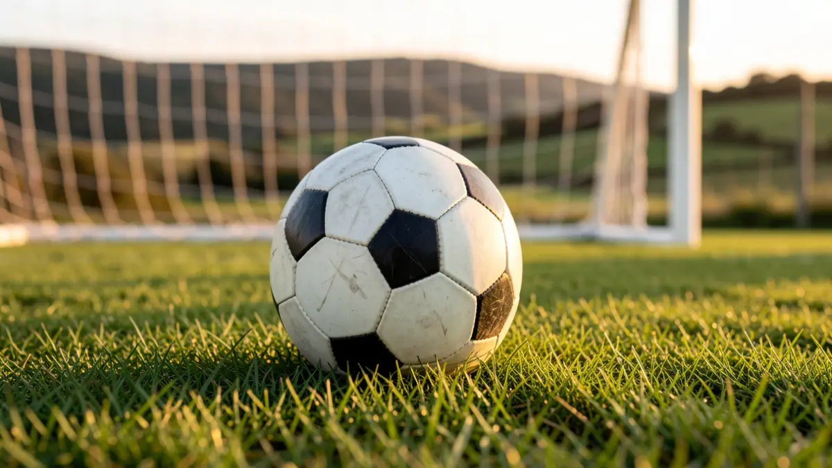 Imagen genérica de un balón de fútbol sobre césped con red borrosa al fondo.