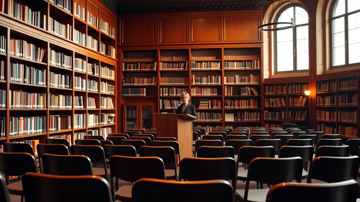 Imaxe xenérica dunha sala de debate universitario ou biblioteca.