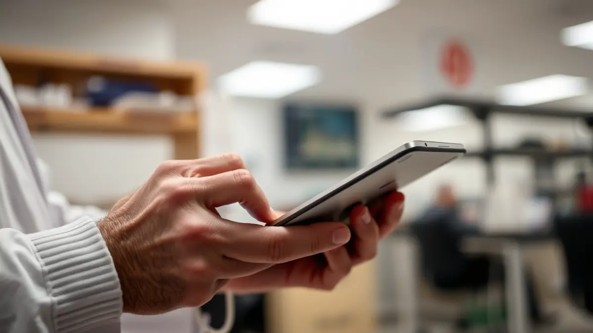 Imagen genérica de unas manos de persona mayor interactuando con una tablet en un contexto de investigación.