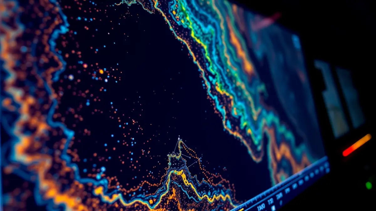 Imaxe xenérica dunha pantalla de sonar mostrando mapas batimétricos do fondo mariño.