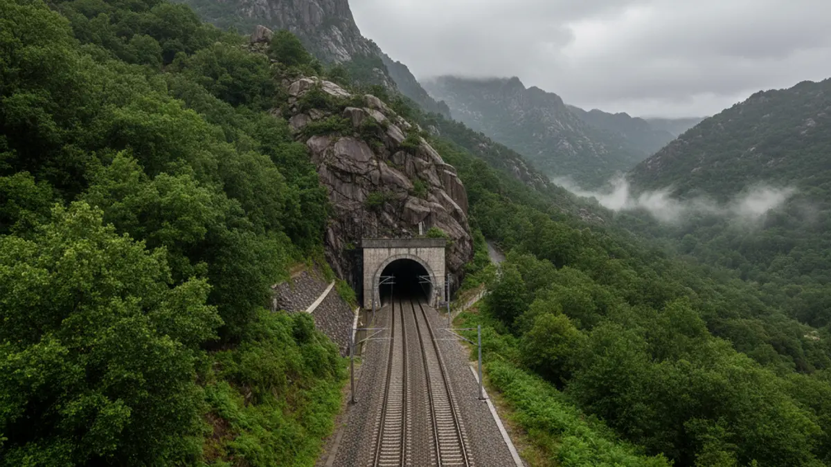Imaxe xenérica de vías de tren de alta velocidade entrando nun túnel nunha paisaxe montañosa galega.
