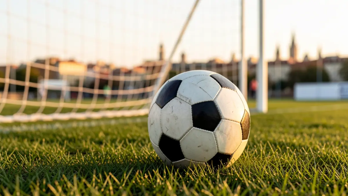 Imagen genérica de un balón de fútbol sobre césped recién cortado, con la red de la portería desenfocada al fondo y el horizonte de Vigo a distancia.