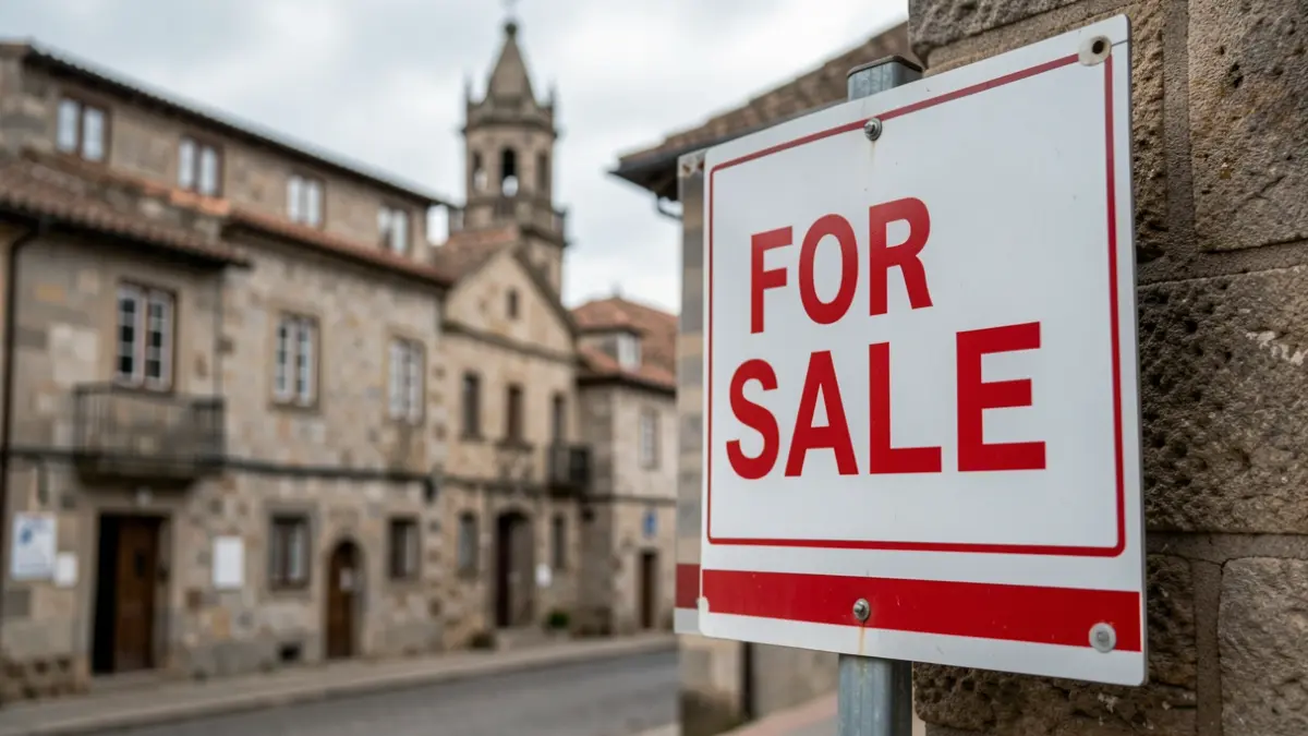 Imaxe xenérica de cartel de 'Véndese' inmobiliario fronte a edificios de granito en Santiago de Compostela.