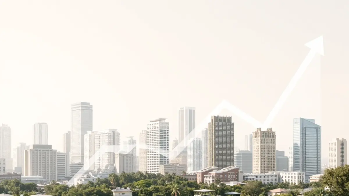 Imagen genérica de gráficos económicos y edificios urbanos, representando el mercado de la vivienda.