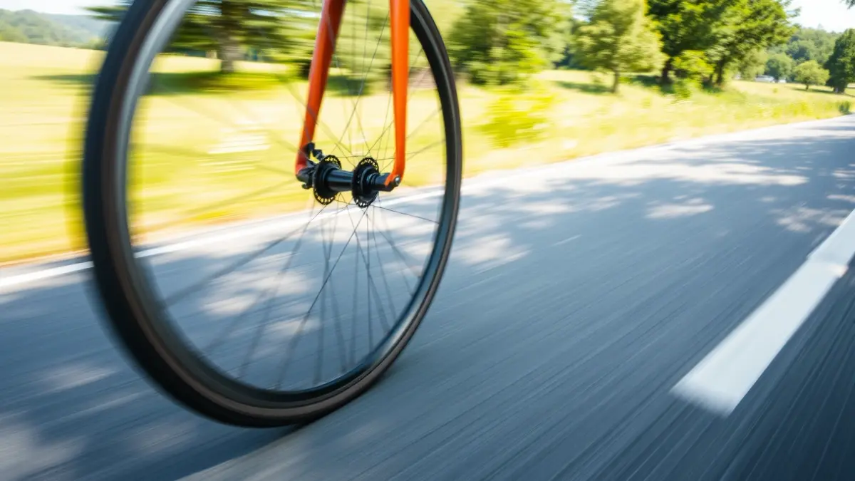 Imagen genérica de una rueda de bicicleta en movimiento en una carretera gallega.