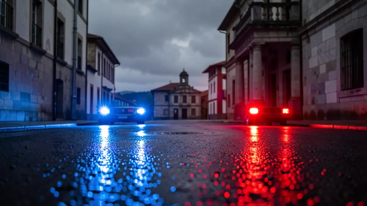 Imaxe xenérica de luces de emerxencia policiais reflectindo nunha rúa mollada pola noite, con arquitectura de granito ao fondo.