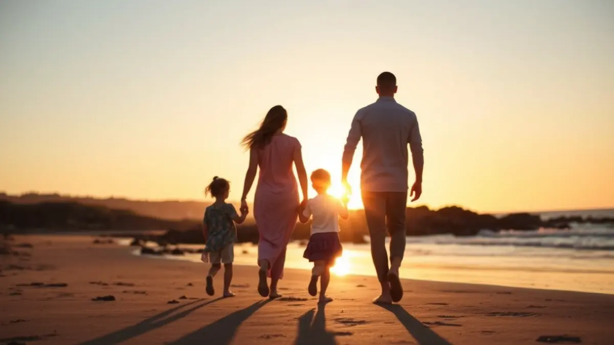 Imagen genérica de una familia paseando por la playa al atardecer.