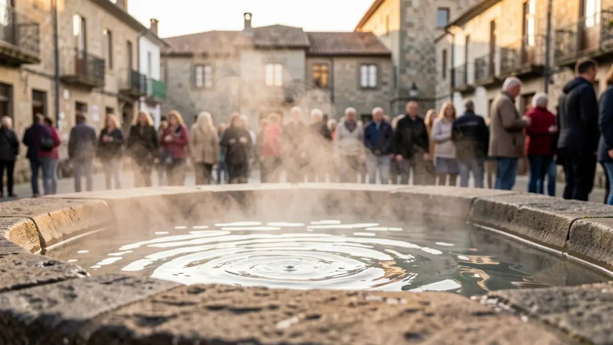 Imaxe dunha poza termal en Ourense con vapor de auga.