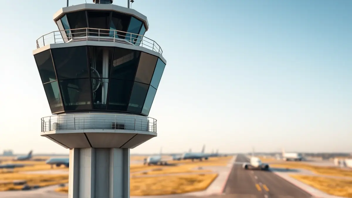 Imaxe xenérica dunha torre de control aeroportuaria moderna.