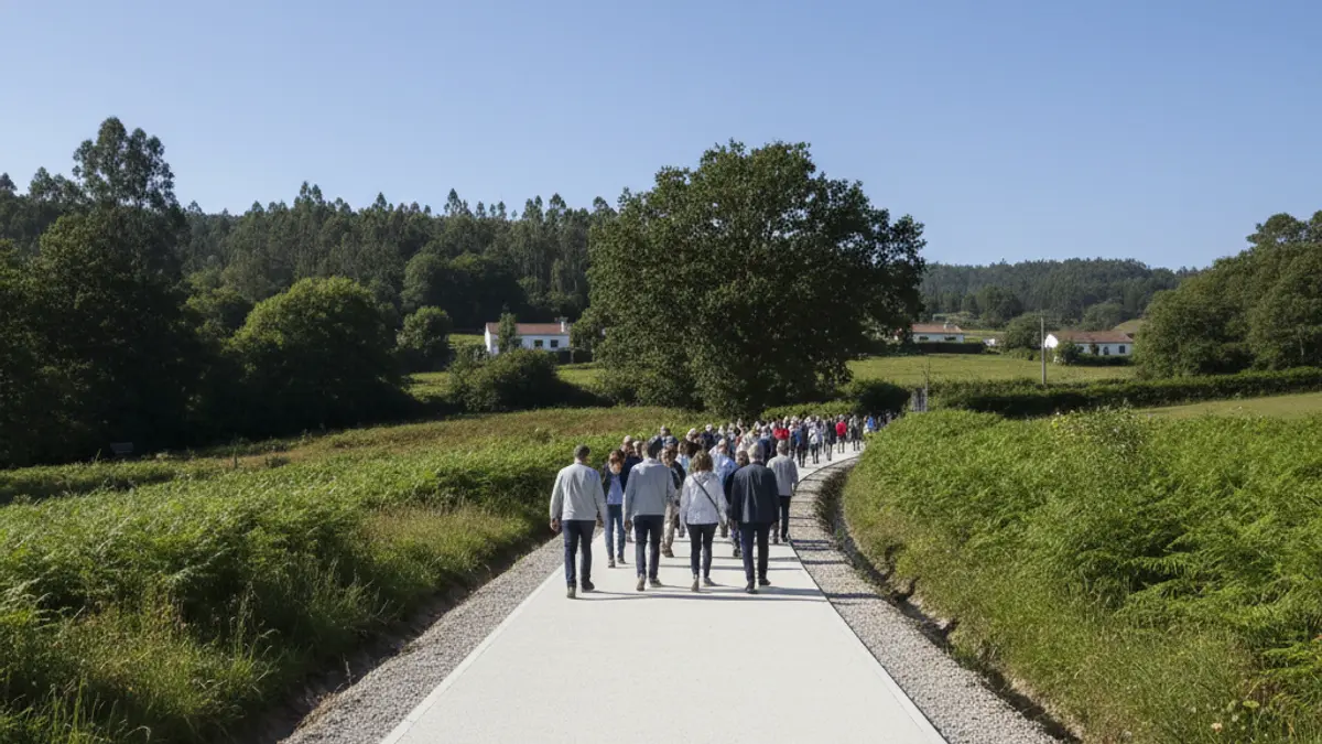 Imaxe xenérica dunha senda peonil de nova construción nunha paisaxe rural galega.