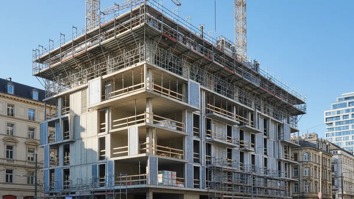 Imaxe dun edificio de vivendas en construción.