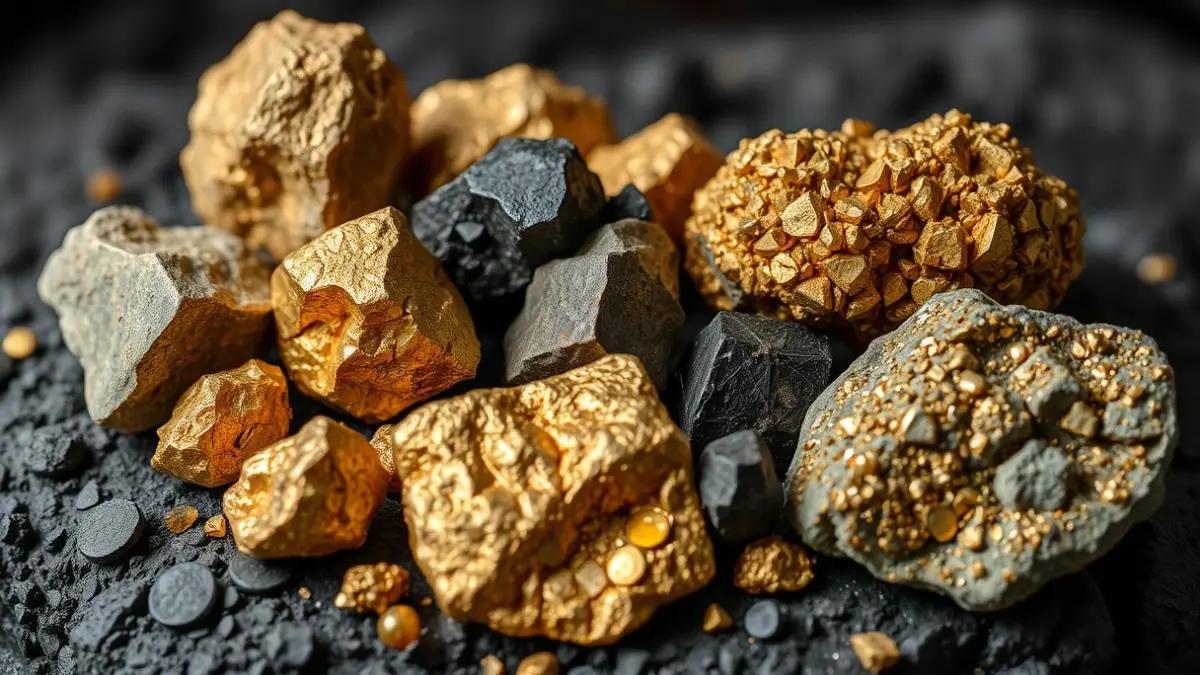 Imaxe xenérica de minerais de ouro, volframio e estaño.