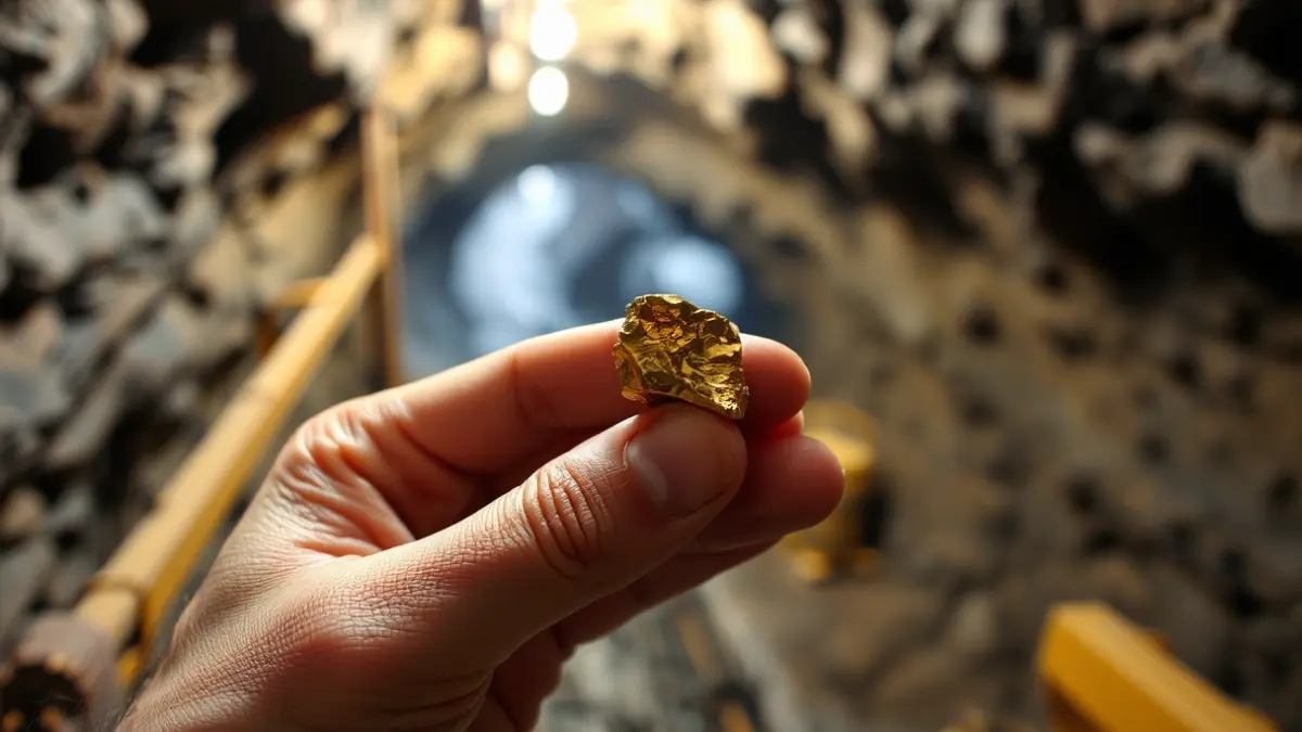 Imaxe xenérica dunha man sostendo mineral de ouro nunha mina.