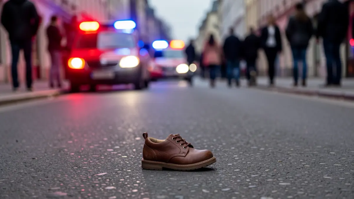 Un zapato infantil solitario na estrada con luces de emerxencia borrosas.