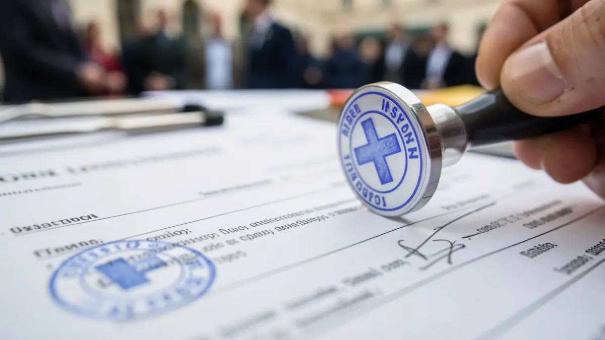 Primer plano de un sello de inspección médica sobre un documento oficial.