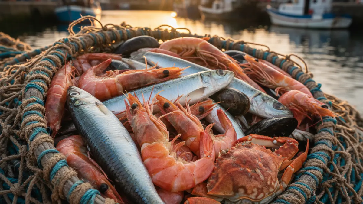 Imagen genérica de productos del mar en una red de pesca, con el puerto de fondo.