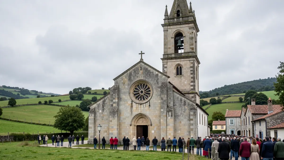 Imagen genérica de una iglesia de piedra antigua con campanario y rosetón en Vilasantar.