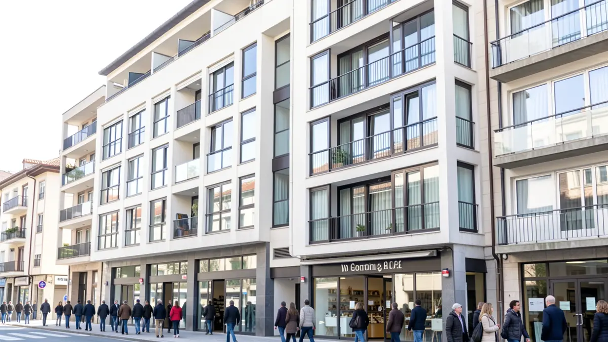 Fachada dun edificio de vivendas con locais comerciais na planta baixa en Galicia.