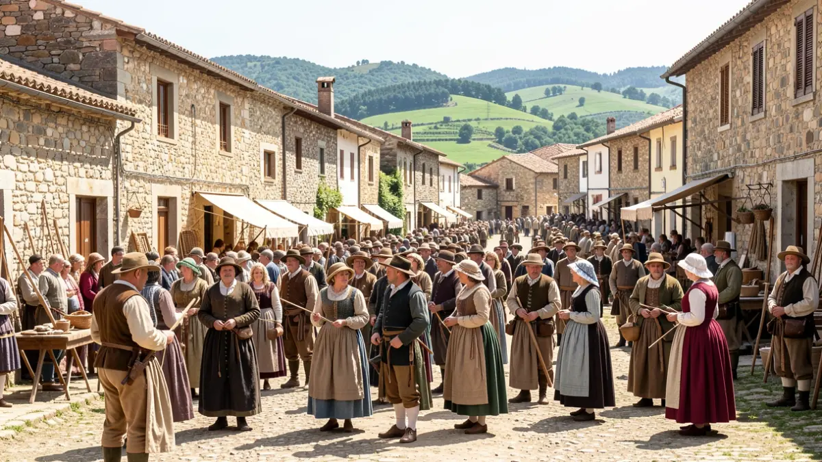 Imagen de una romería etnográfica con gente vestida de trajes tradicionales y puestos de artesanía.