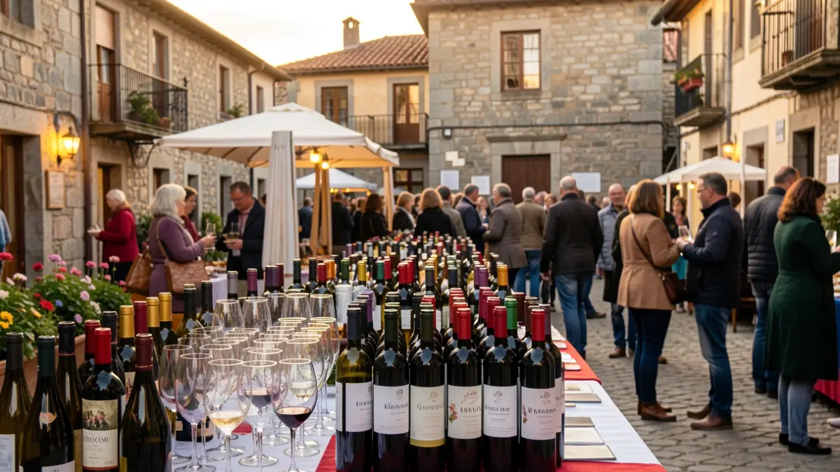 Imagen de una feria de vino gallega con botellas, copas y gente disfrutando.