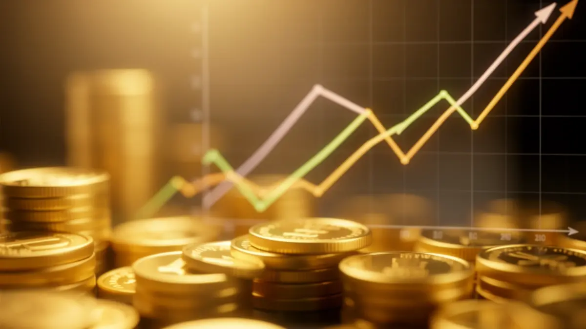 Imaxe xenérica de éxito financeiro con moedas douradas e gráficos abstractos.