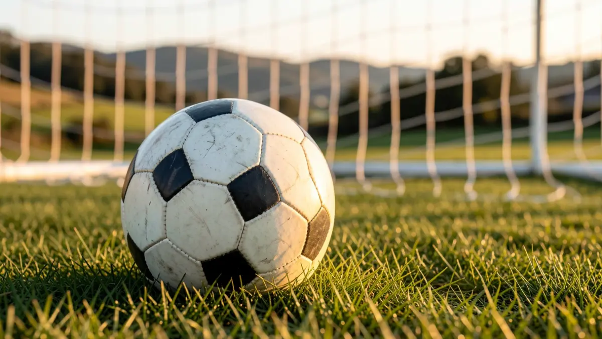 Imaxe xenérica dun balón de fútbol sobre herba con rede ao fondo.