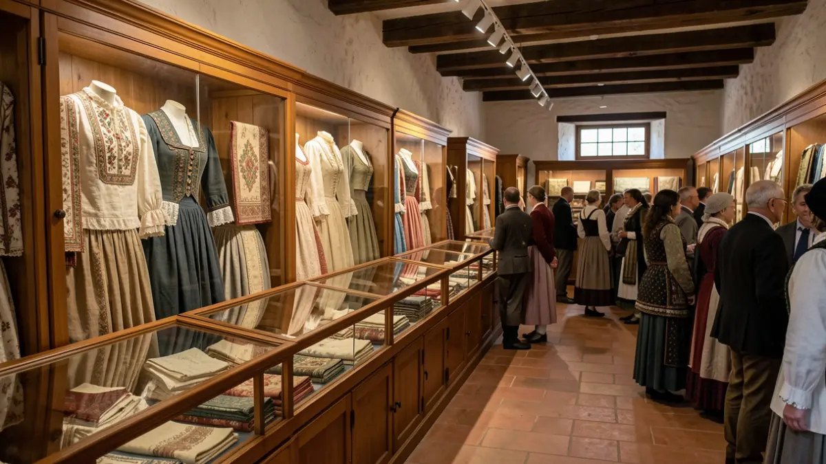 Imaxe dun museo etnográfico galego con pezas de vestimenta tradicional antiga.