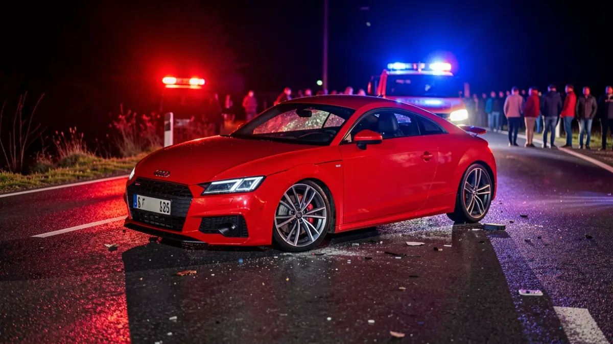 Imagen de un coche deportivo rojo Audi TT estrellado en el arcén de una carretera mojada por la noche, con luces de emergencia azules y rojas.