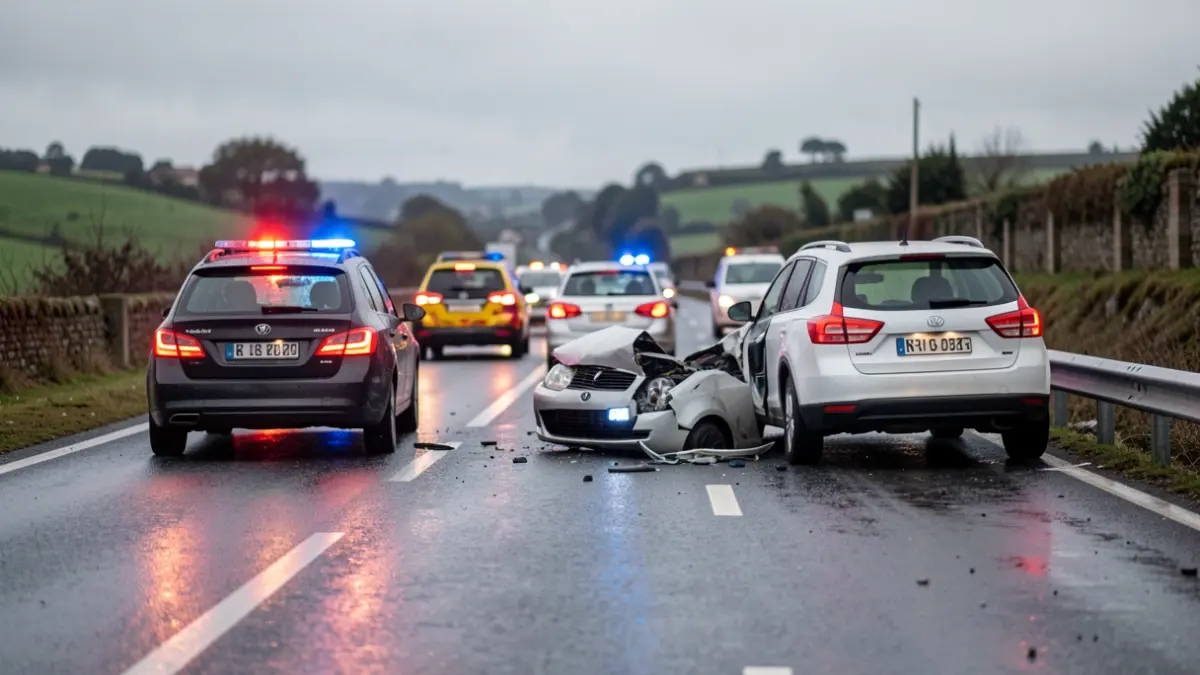 Imagen genérica de un accidente de tráfico con varios vehículos implicados y luces de emergencia.